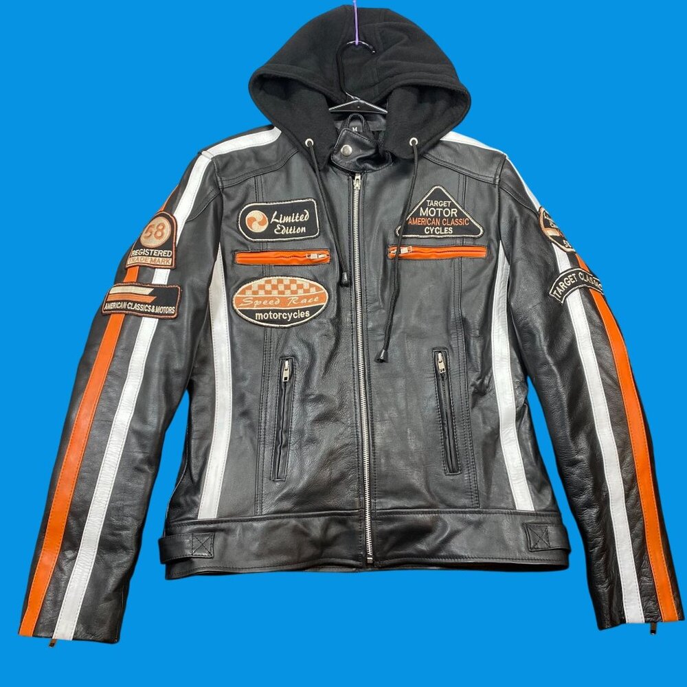 Limited Edition Black Leather Mens Motorcycle Jacket Hooded Patches Size Medium